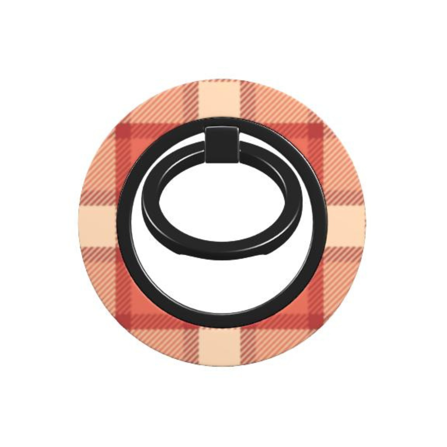 Plaid patterned phone ring stand on a white background