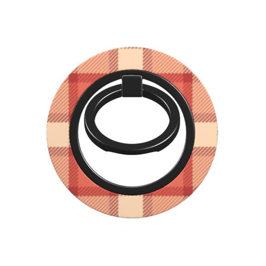 Plaid patterned phone ring stand on a white background