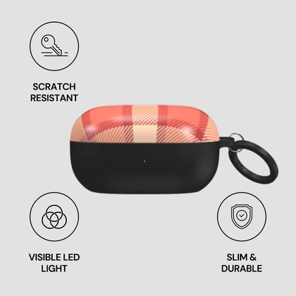Plaid-patterned case with black accents and keychain on a gray background, featuring scratch-resistant, visible LED light, slim, and durable attributes.