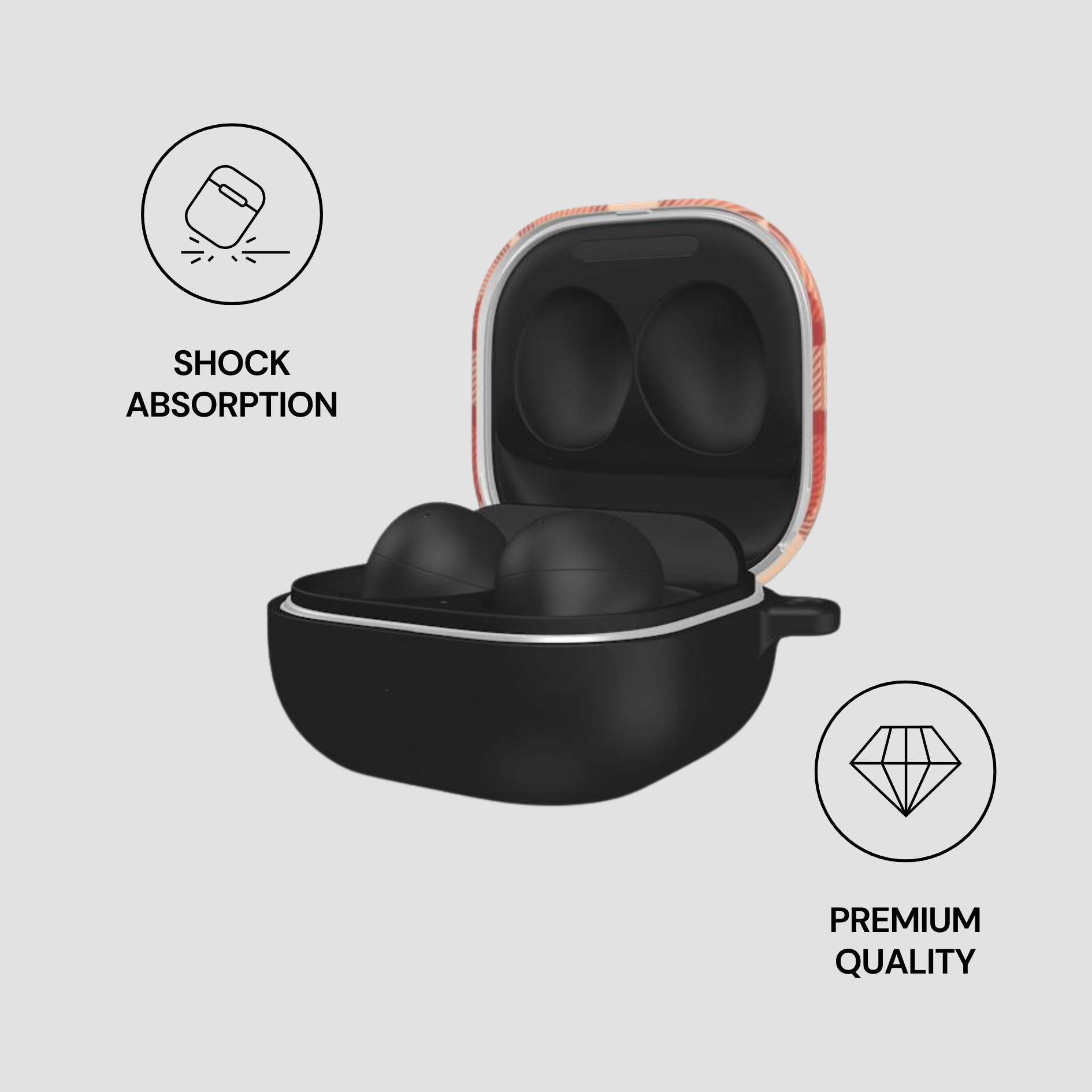 Black earbuds in an open case with 'Shock Absorption' and 'Premium Quality' icons on a light gray background.