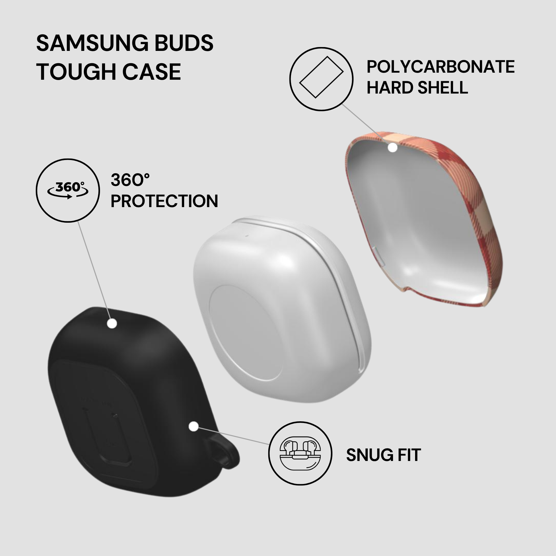 Samsung Buds Tough Case with features highlighted on a white background