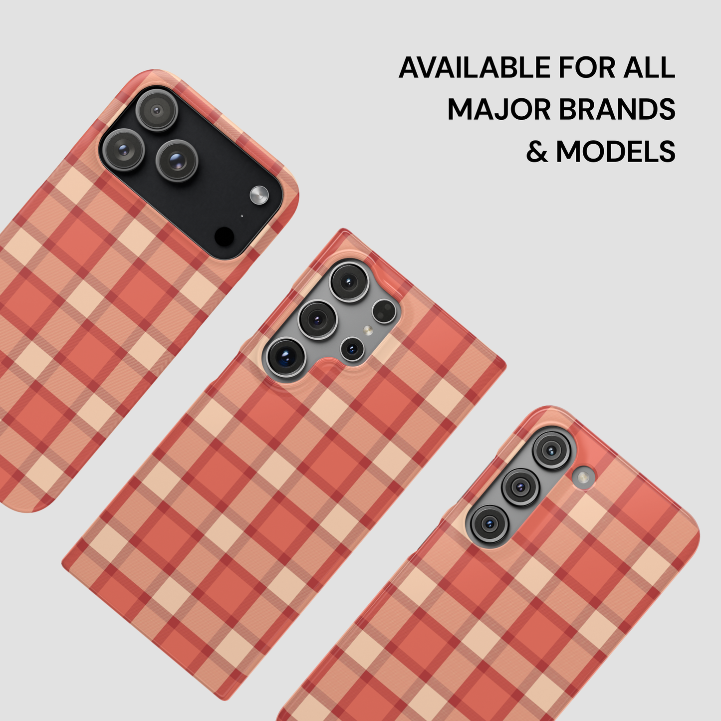 Plaid patterned phone cases on a light gray background with text indicating availability for all major brands and models.