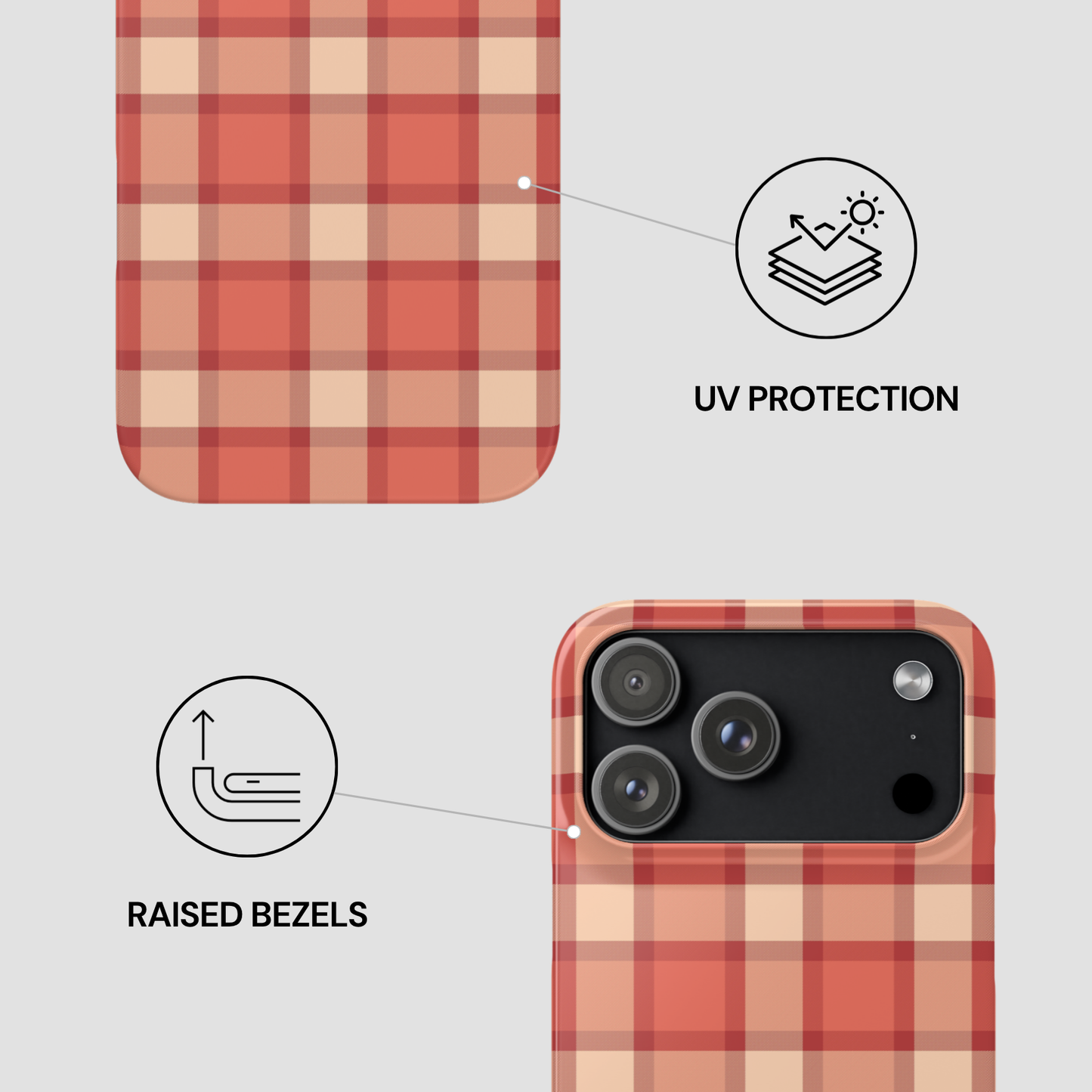 Plaid phone case with UV protection and raised bezels features on a gray background