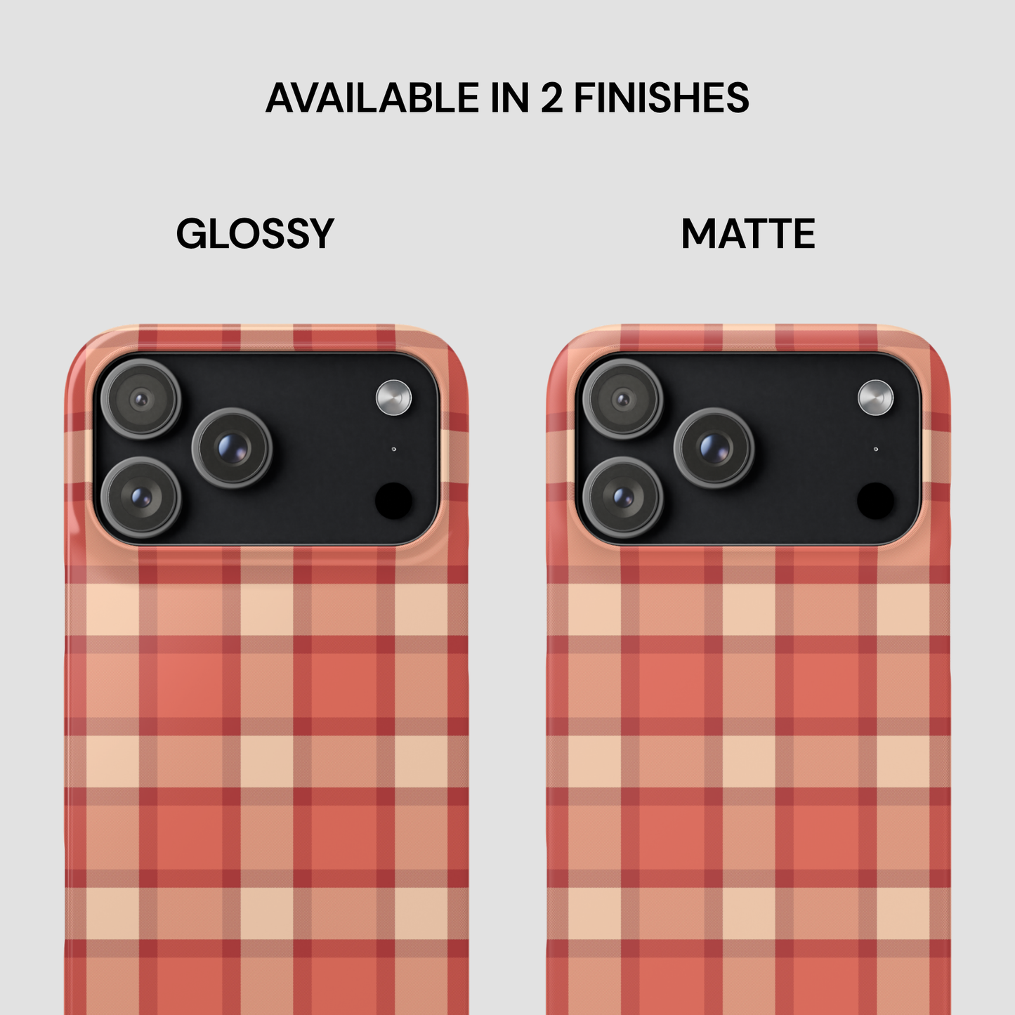 Two plaid phone cases, one glossy and one matte, on a light gray background.