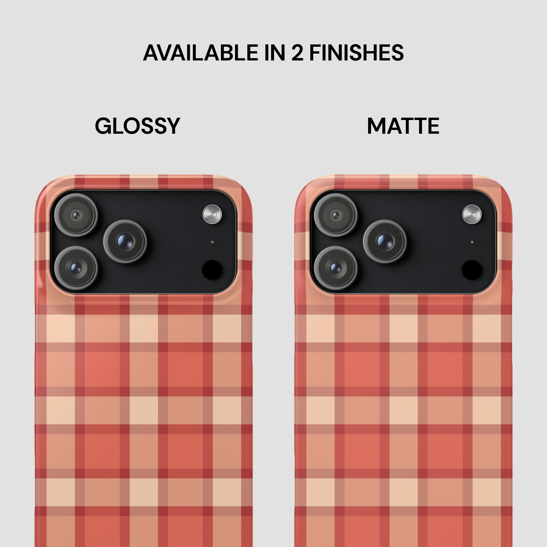 Two plaid phone cases, one glossy and one matte, on a light gray background.