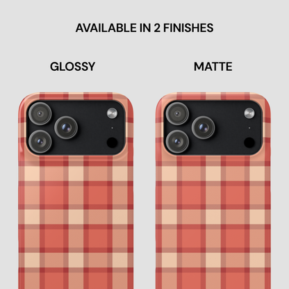 Two plaid phone cases, one glossy and one matte, on a light gray background.