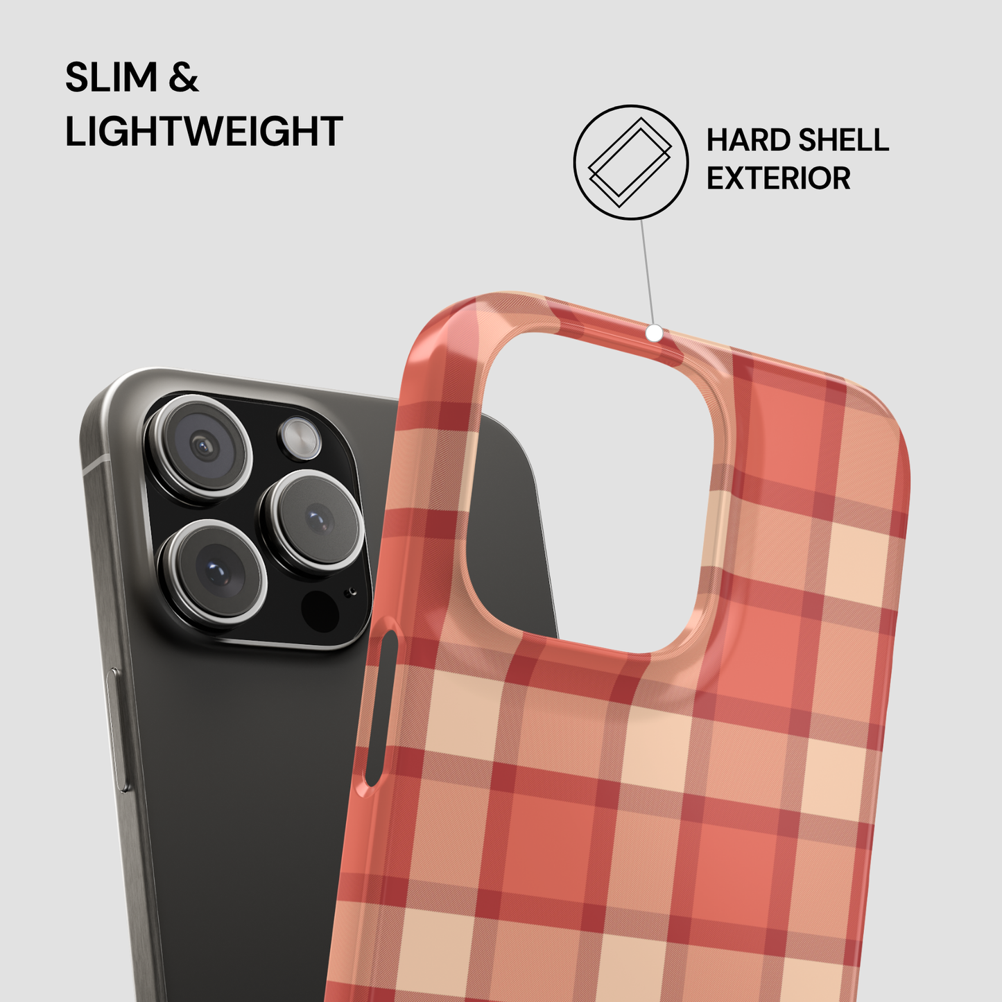 Plaid patterned phone case with text highlighting features on a gray background