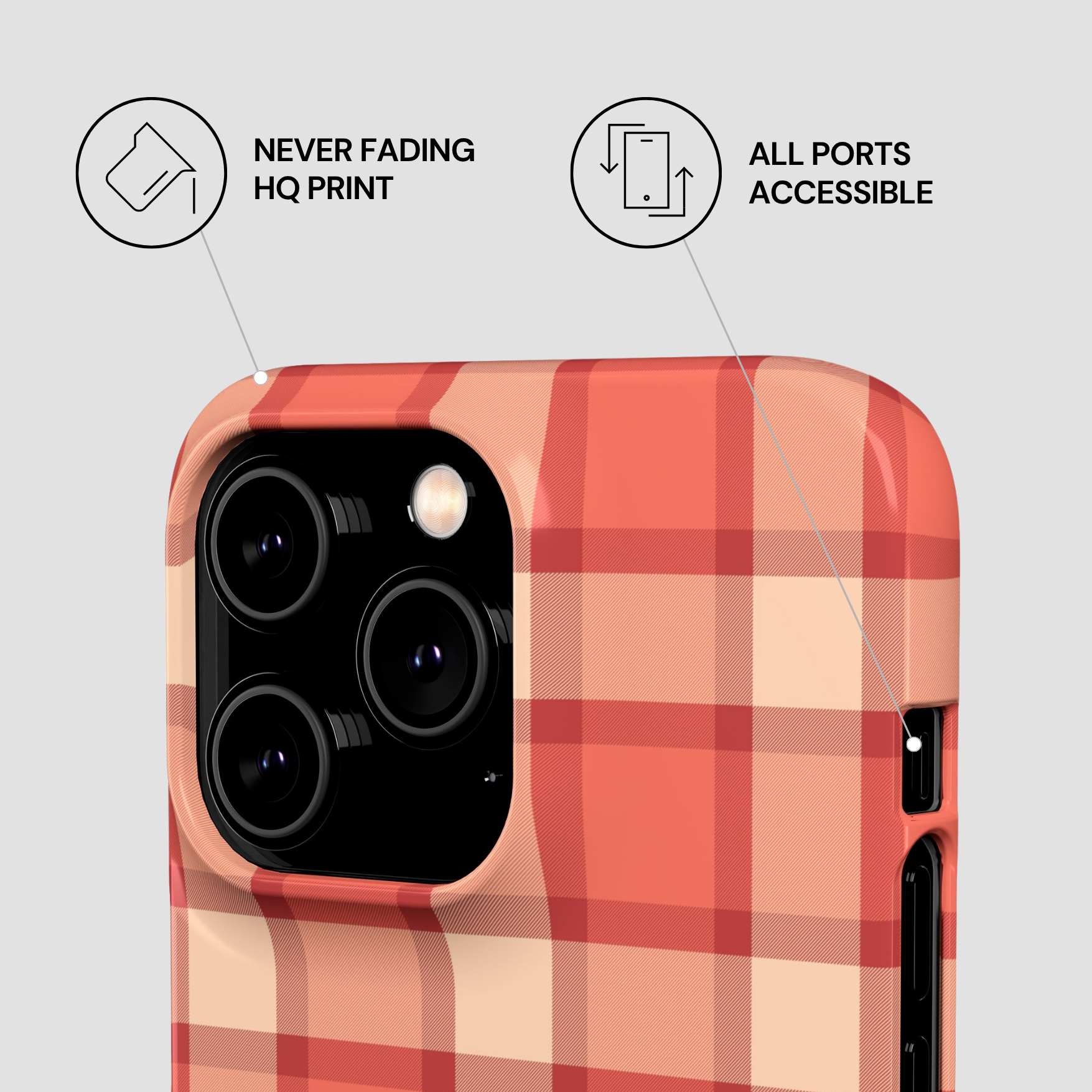 Plaid patterned phone case with features highlighted on a light gray background