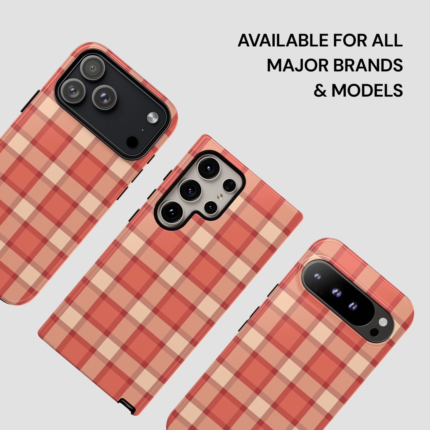 Plaid patterned phone cases on a light gray background with text about compatibility.
