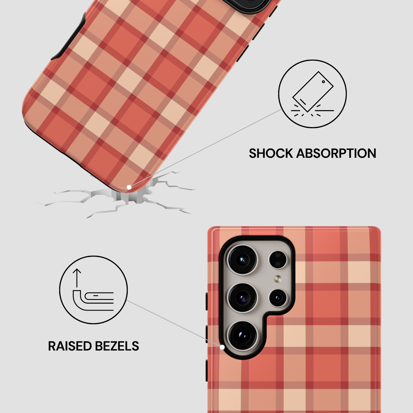 Plaid patterned phone case with shock absorption and raised bezels features on a white background