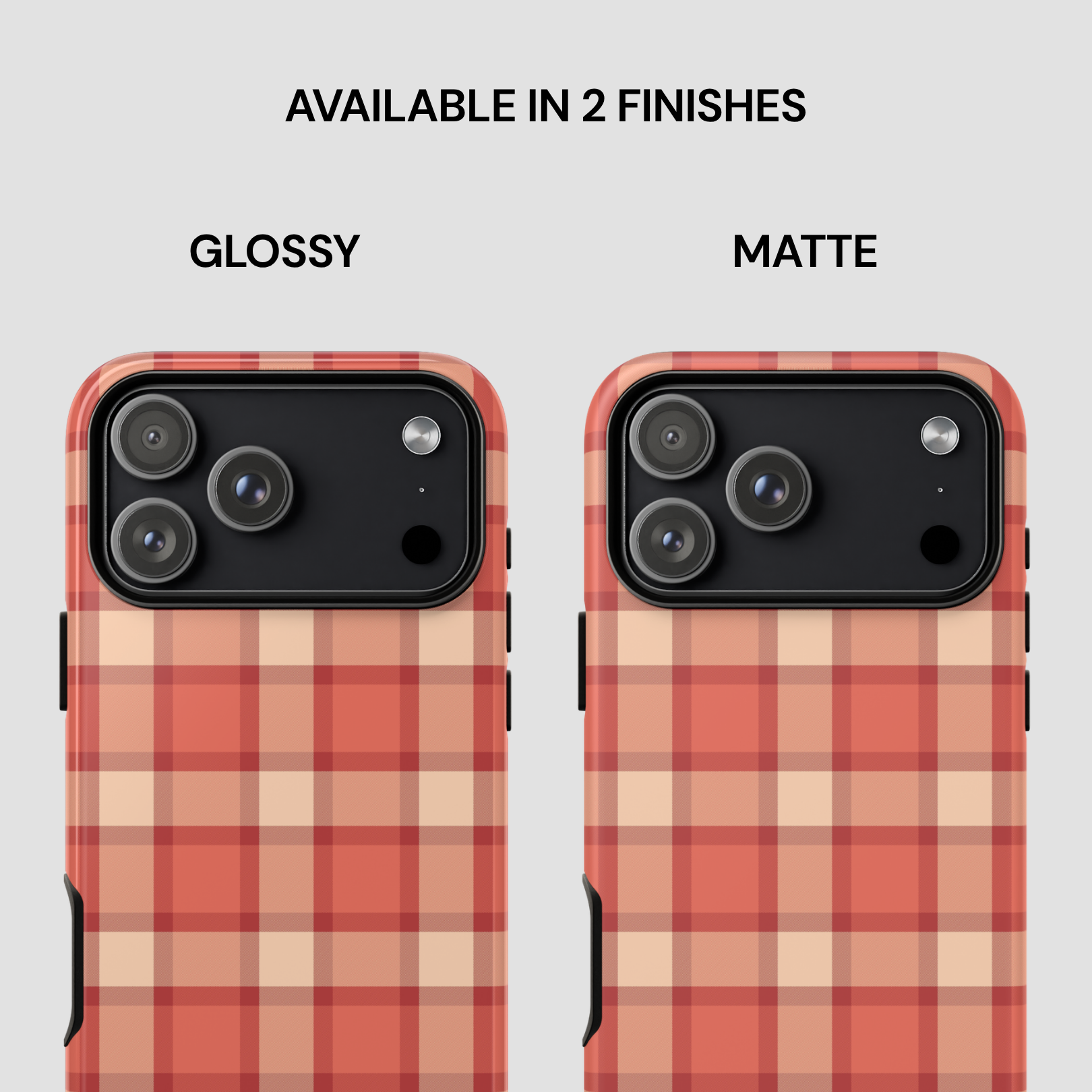 Two plaid phone cases, one glossy and one matte, on a white background.