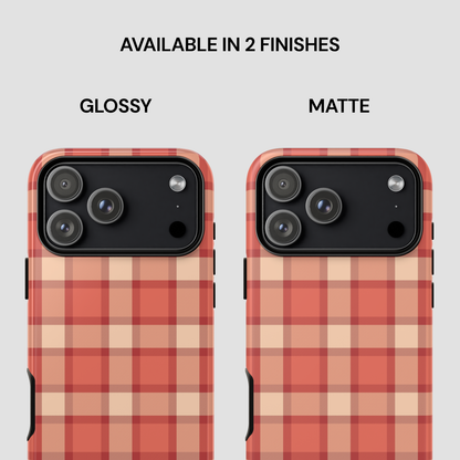 Two plaid phone cases, one glossy and one matte, on a white background.