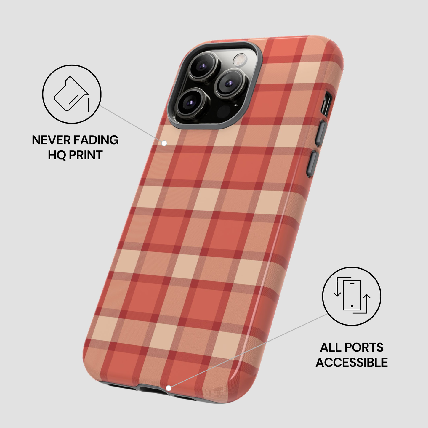 Plaid patterned phone case with text indicating 'Never Fading HQ Print' and 'All Ports Accessible' on a light gray background.
