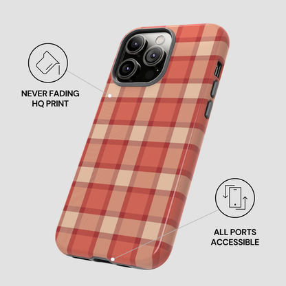Plaid patterned phone case with text indicating 'Never Fading HQ Print' and 'All Ports Accessible' on a light gray background.