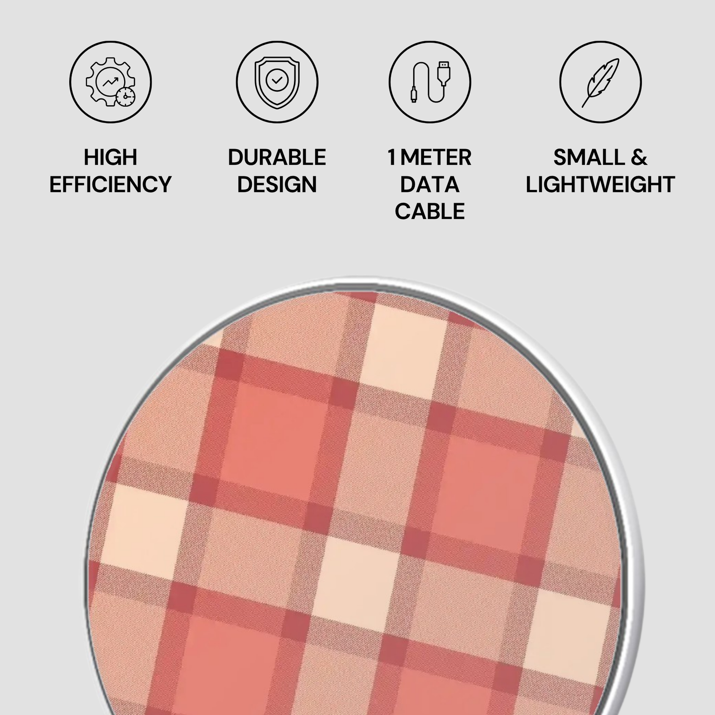 Product with plaid pattern and icons indicating high efficiency, durable design, 1 meter data cable, and small & lightweight features on a light gray background.