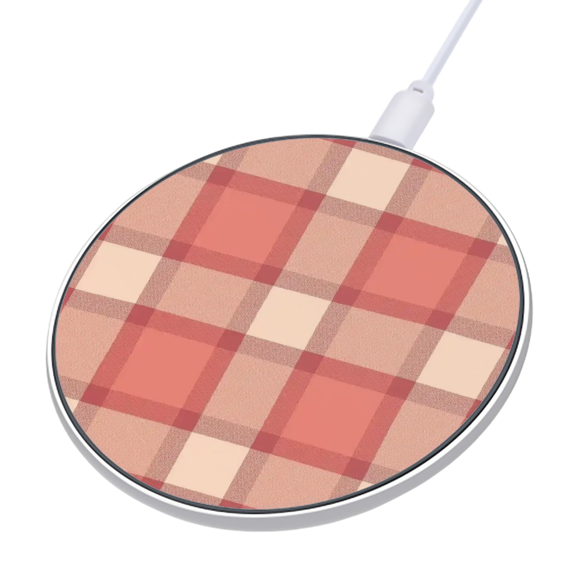 Round wireless charging pad with plaid pattern on a white background
