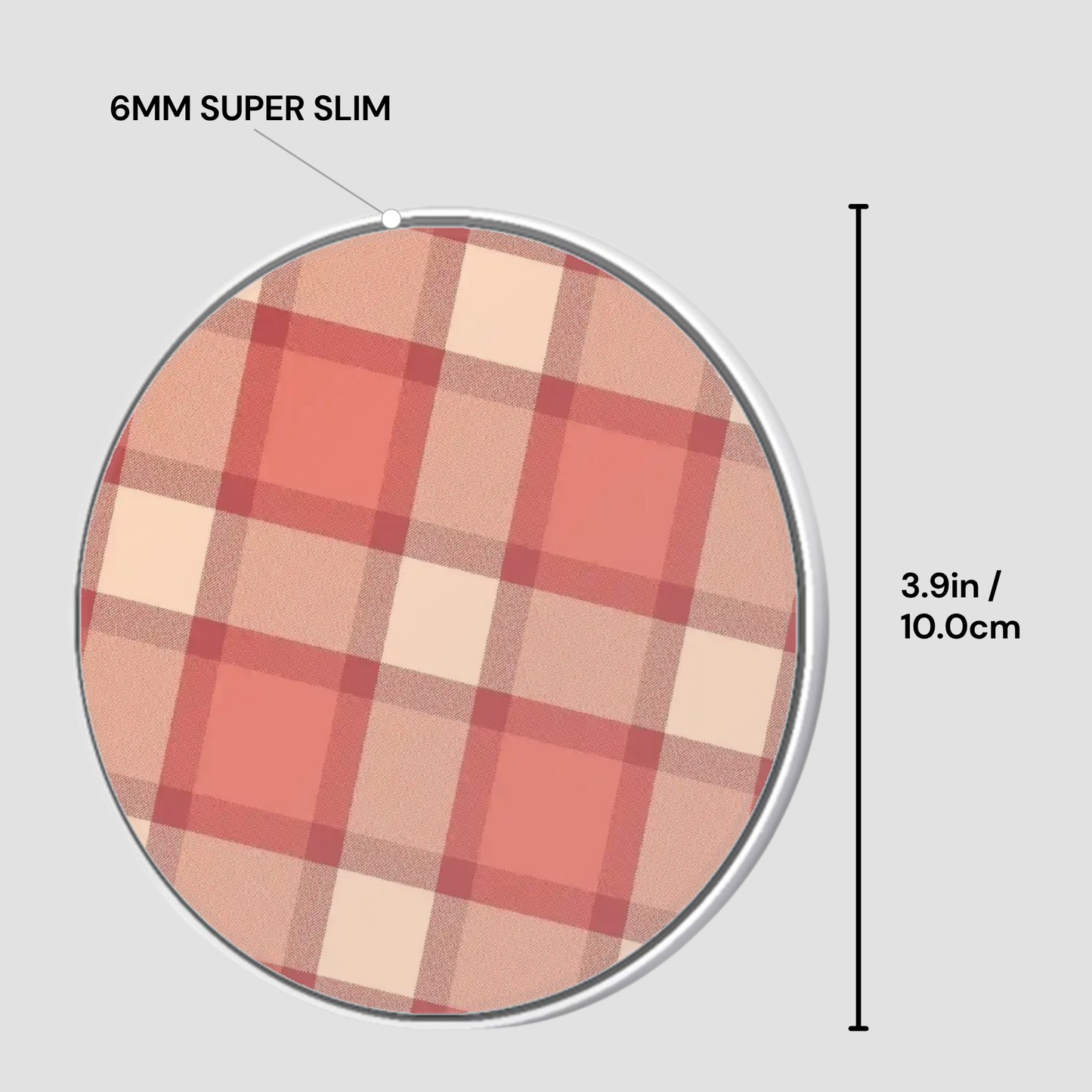 Round plaid coaster with dimensions and material information on a light gray background