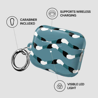 Blue camouflage case with carabiner and wireless charging features on a gray background
