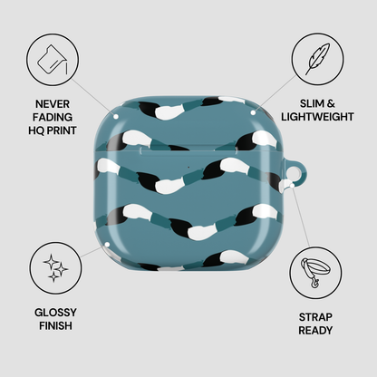 Blue camouflage case with features listed on a gray background