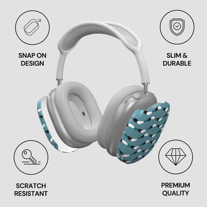 Gray headphones with a blue scratch-resistant cover on a light gray background with feature icons.