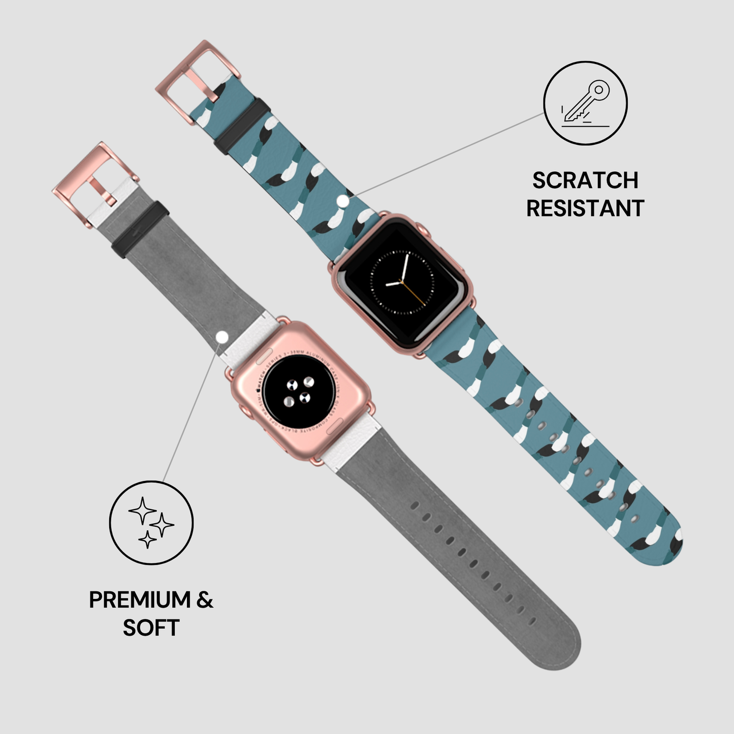 Two smartwatch bands with text indicating scratch resistance and softness on a light gray background