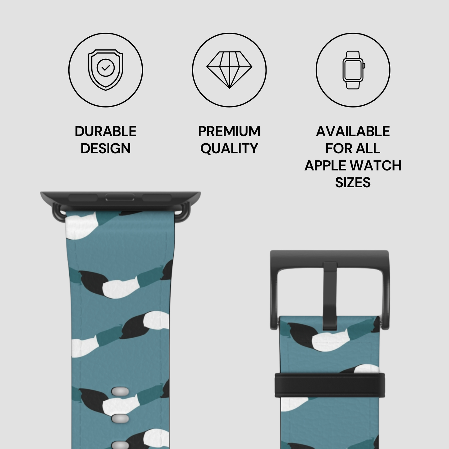 Blue and black patterned Apple Watch band with durability, quality, and size availability features on a light gray background.