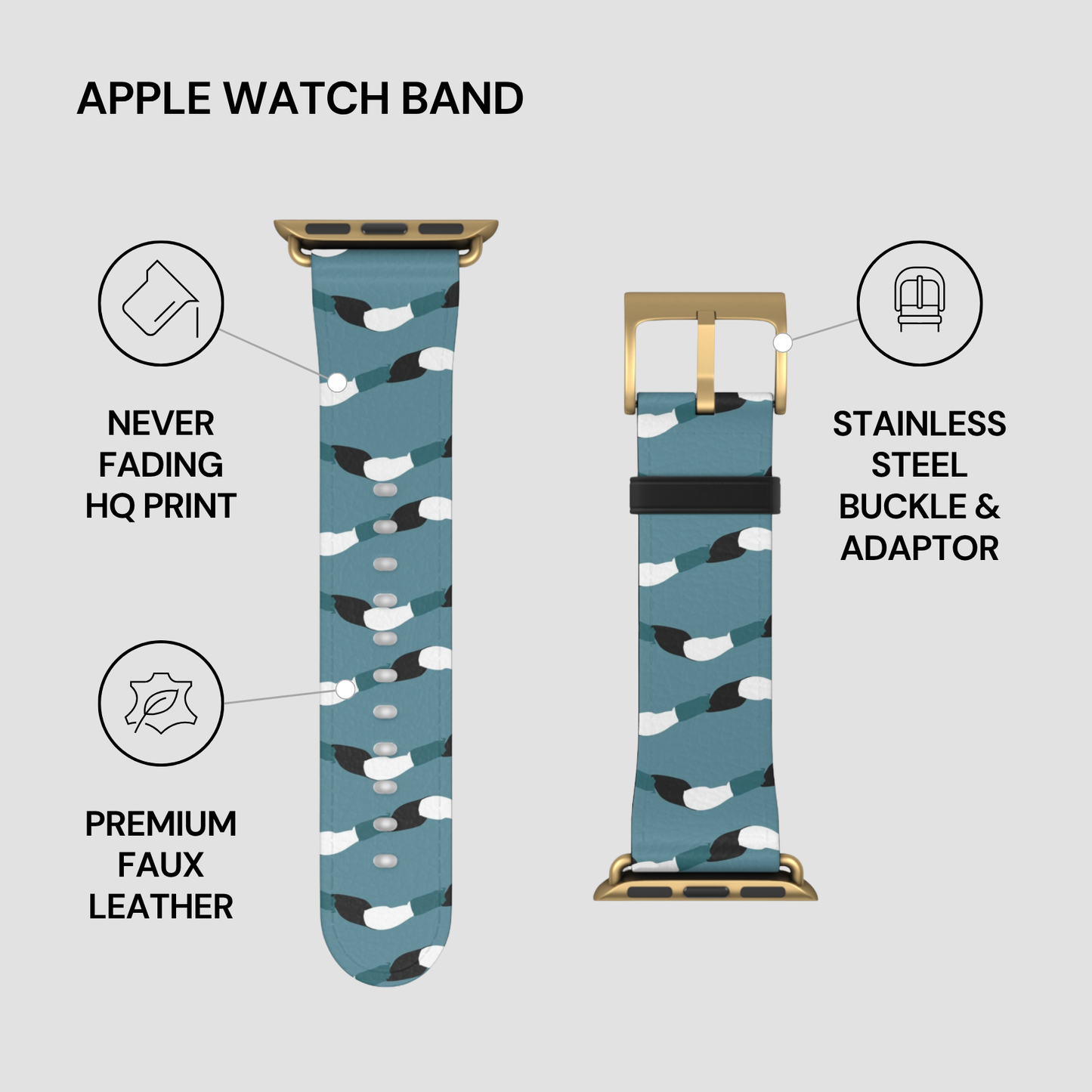 Blue patterned Apple Watch band with stainless steel buckle and adapter on a light gray background