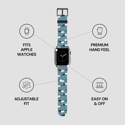 Camouflage-patterned smartwatch band with features listed on a gray background