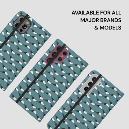 Phone case with bird pattern on a light gray background