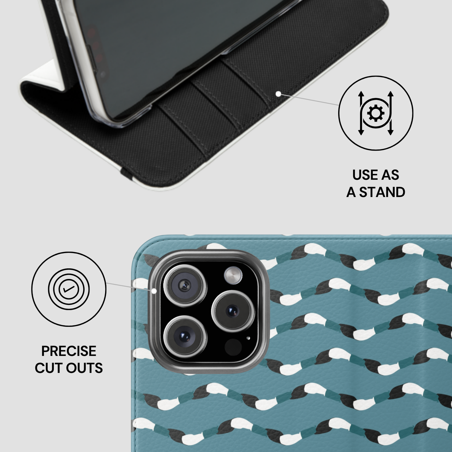Phone case with stand feature and patterned design on a light gray background