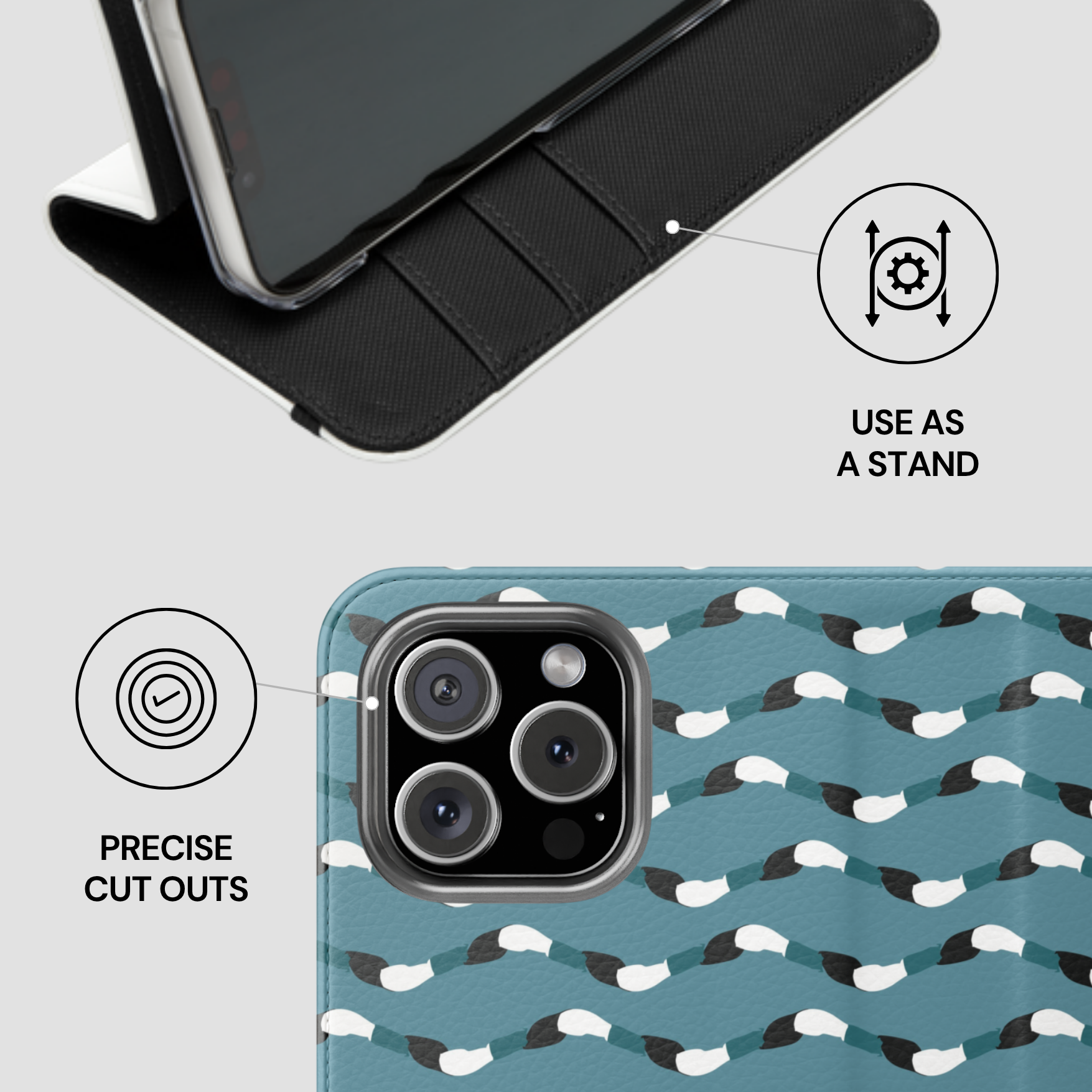 Phone case with stand feature and patterned design on a light gray background