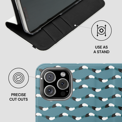 Phone case with stand feature and patterned design on a light gray background