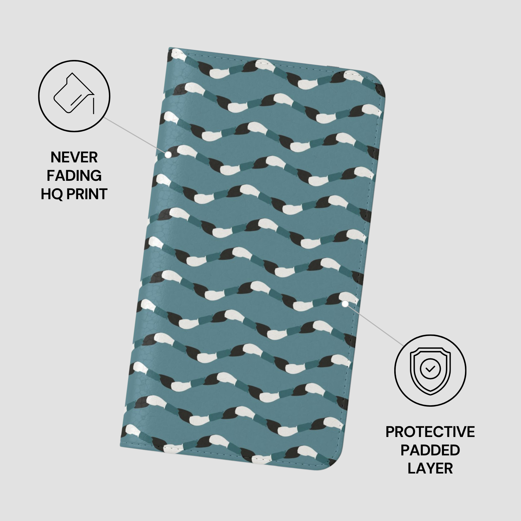 Patterned product with protective padding features on a gray background