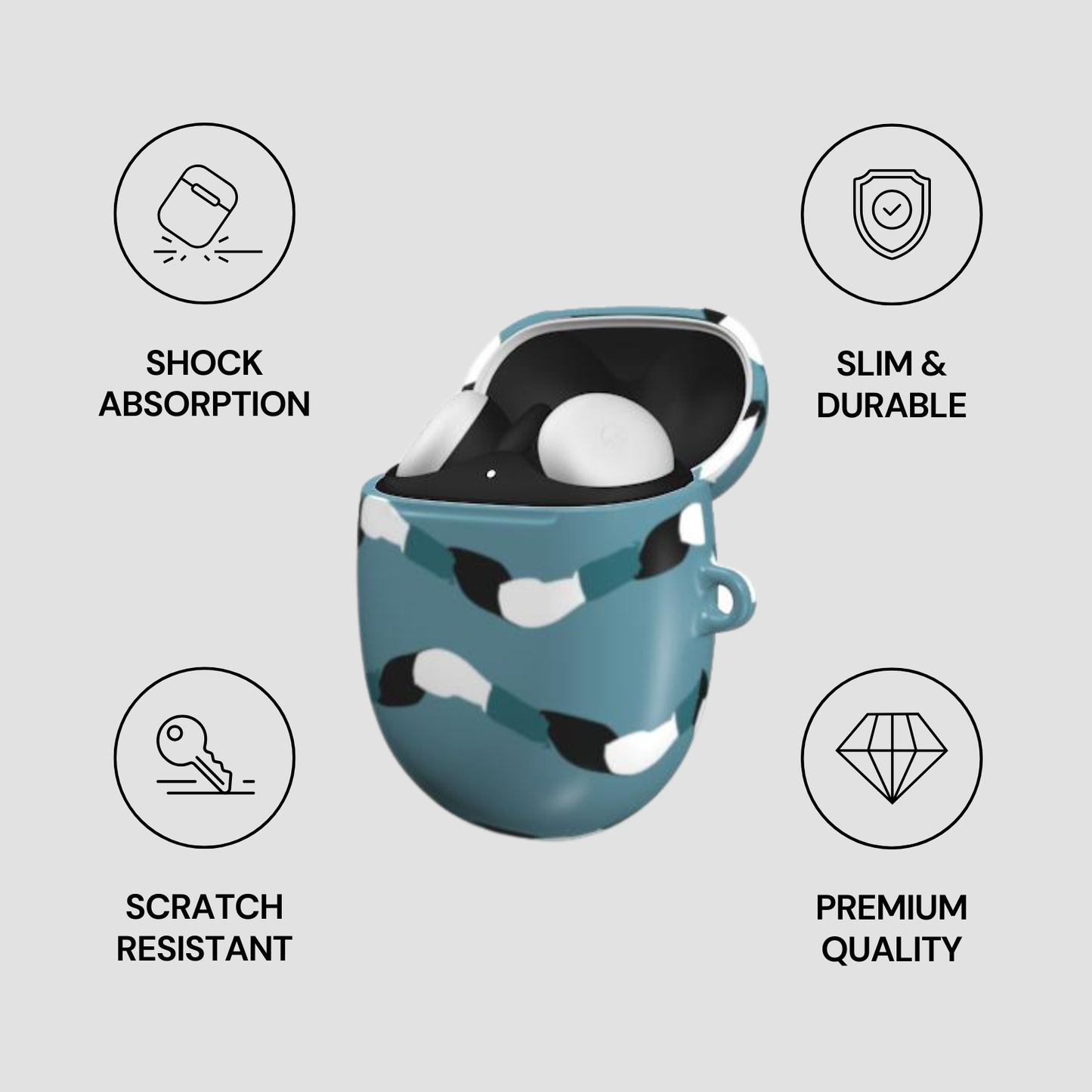 Product packaging with features highlighted on a light gray background
