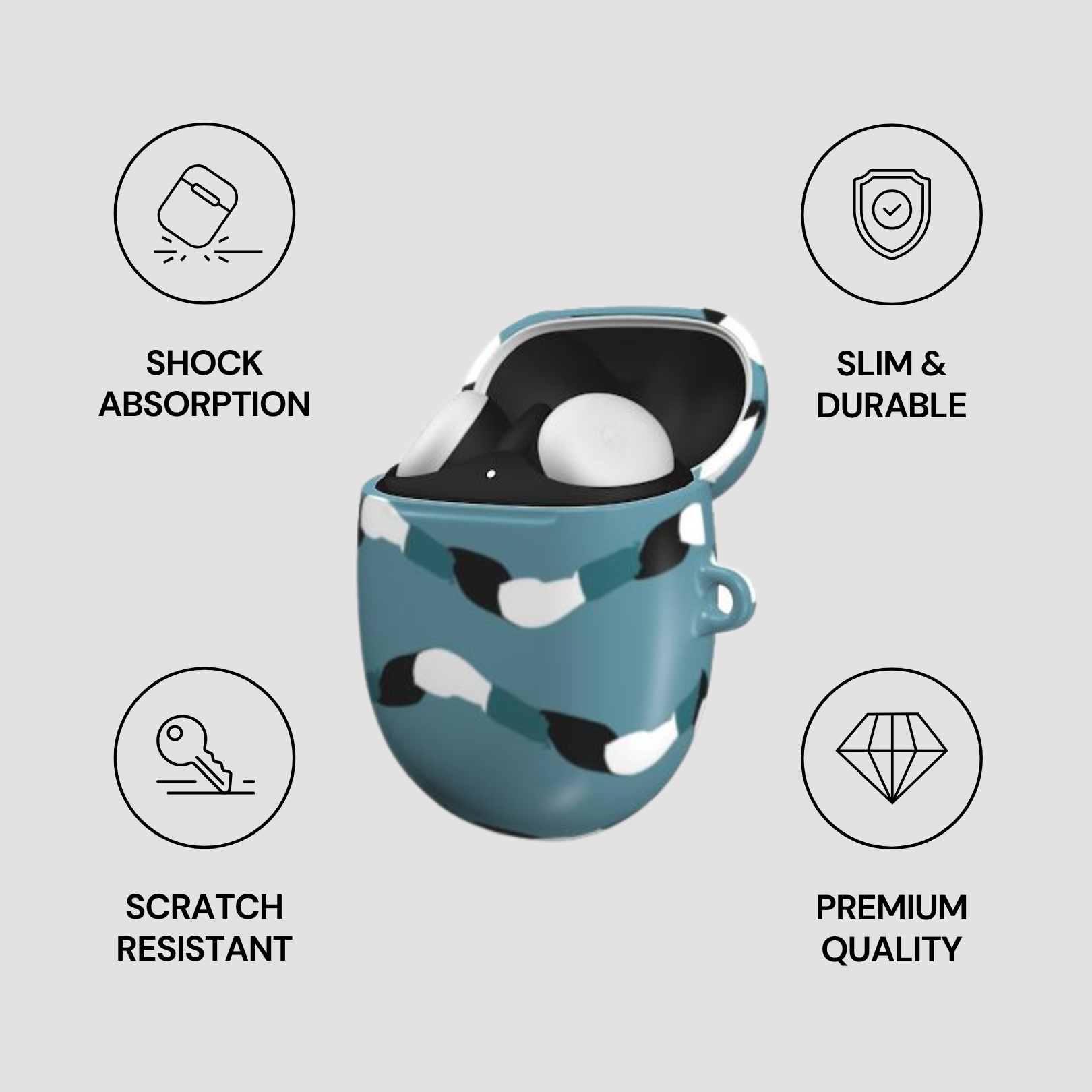 Product packaging with features highlighted on a light gray background