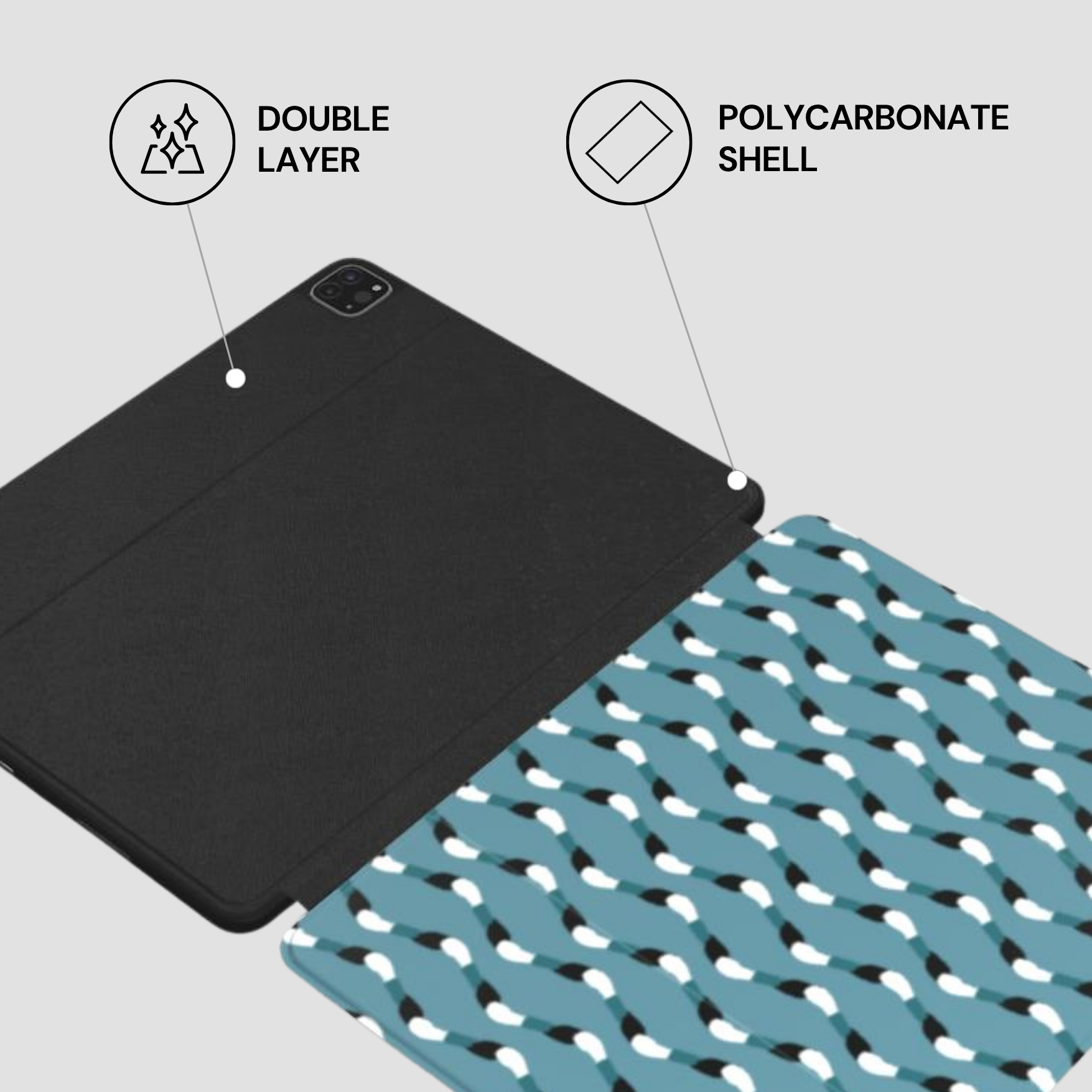 Black tablet case with polycarbonate shell and double layer feature on a gray background