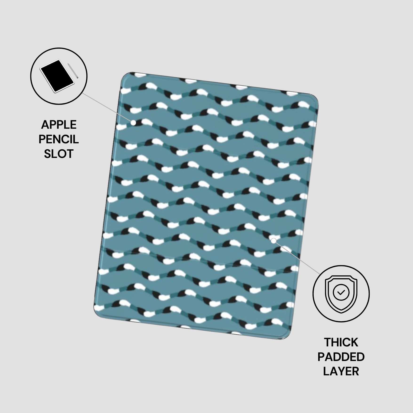 Blue case with fish pattern on a light gray background