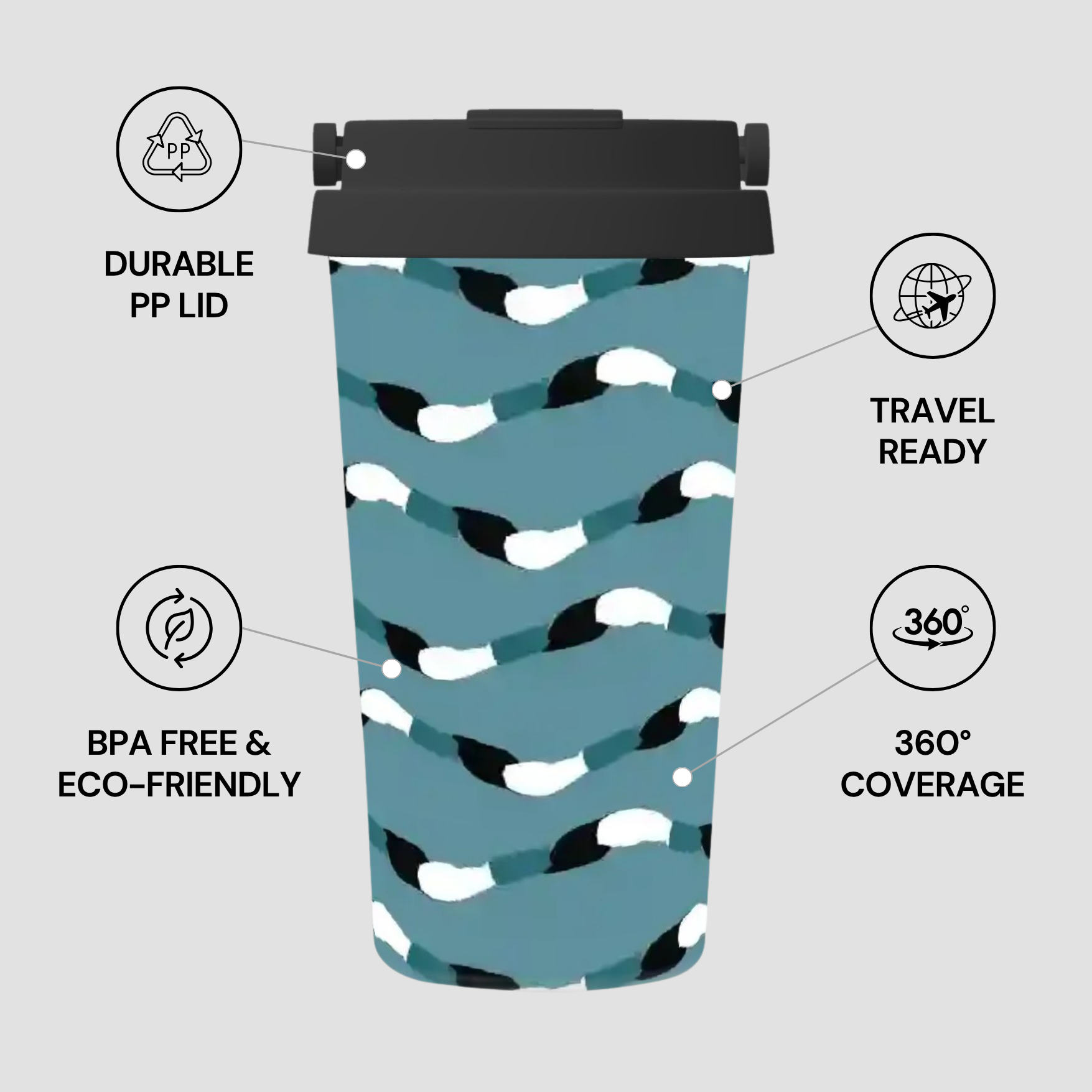 Blue patterned tumbler with black lid on a light gray background, featuring text about product features.