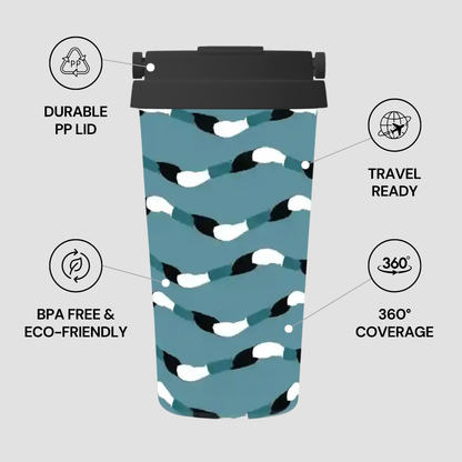 Blue patterned tumbler with black lid on a light gray background, featuring text about product features.