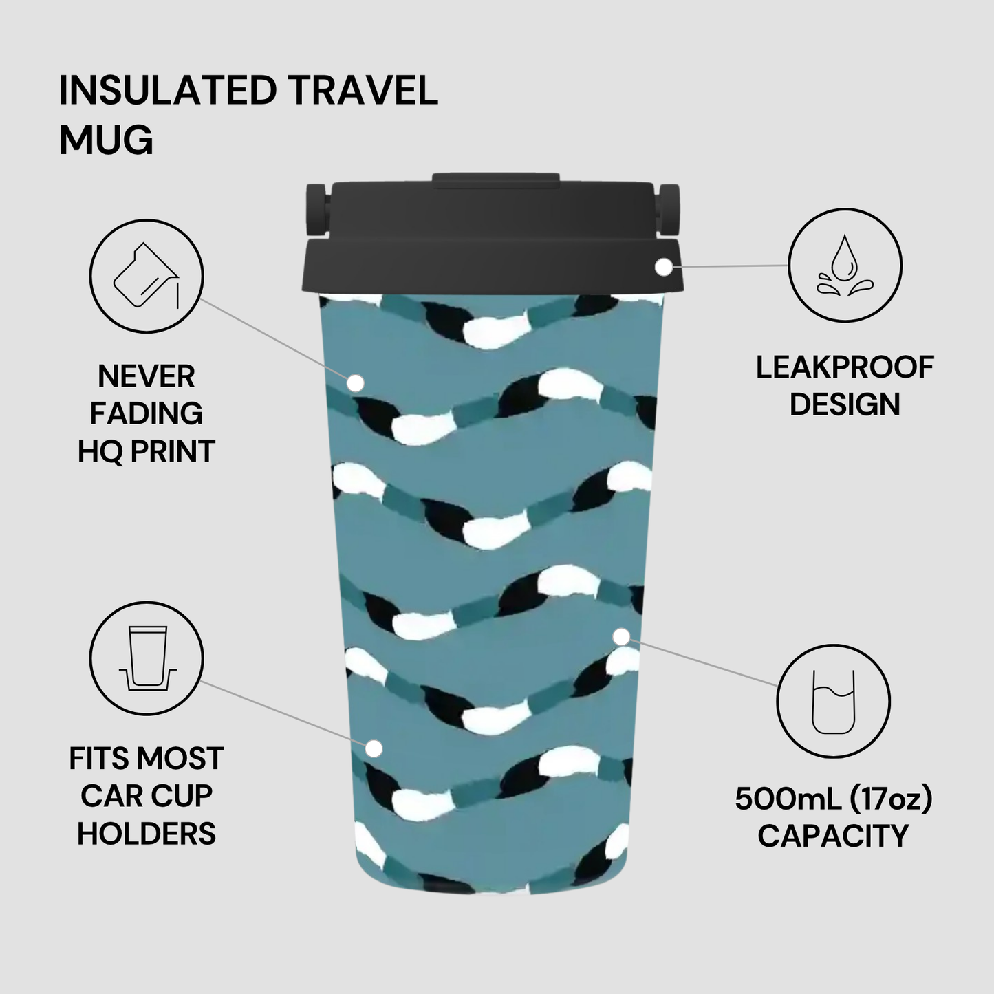 Insulated travel mug with blue pattern on a gray background, featuring text about its features.