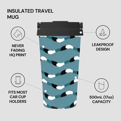 Insulated travel mug with blue pattern on a gray background, featuring text about its features.