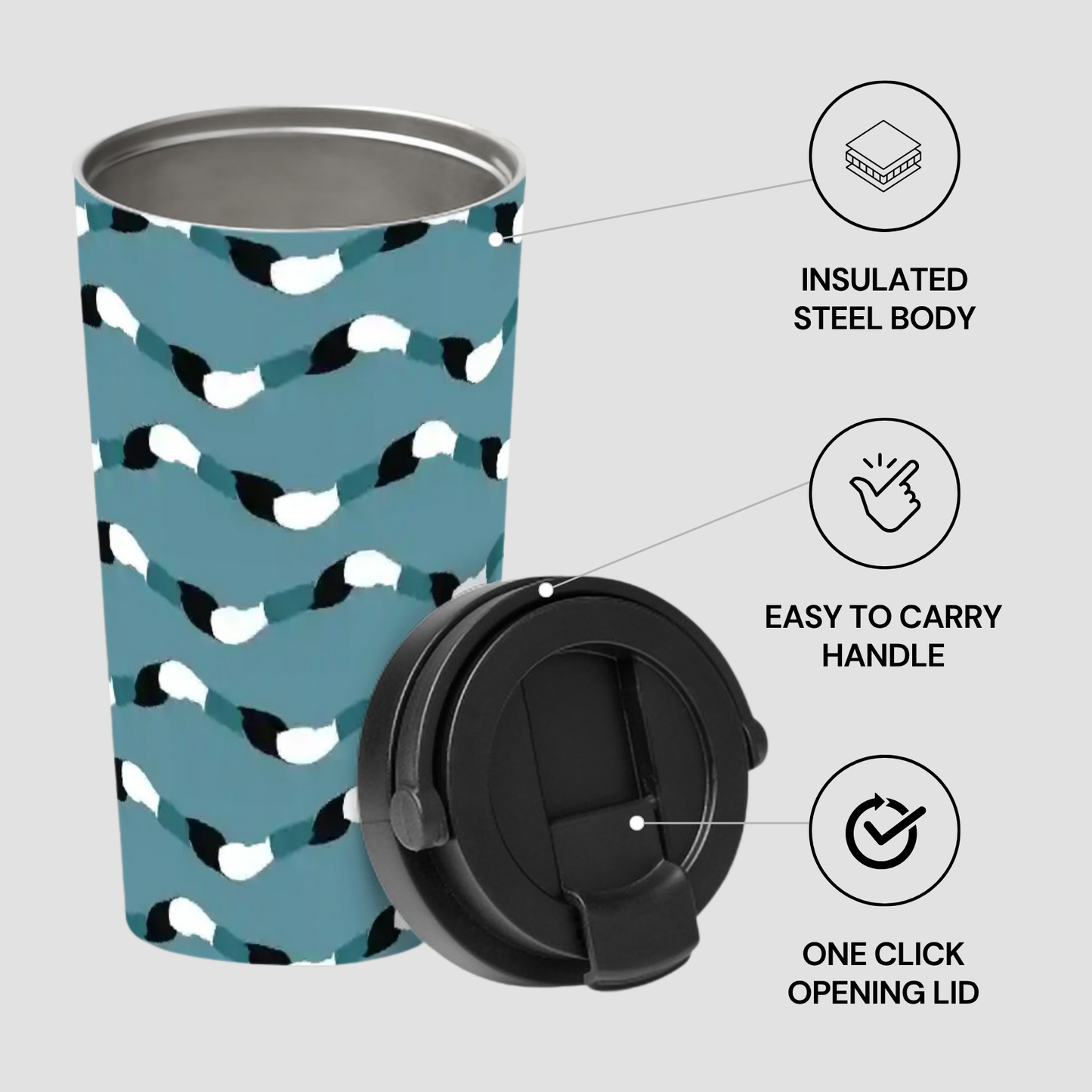 Patterned tumbler with black lid on a light gray background