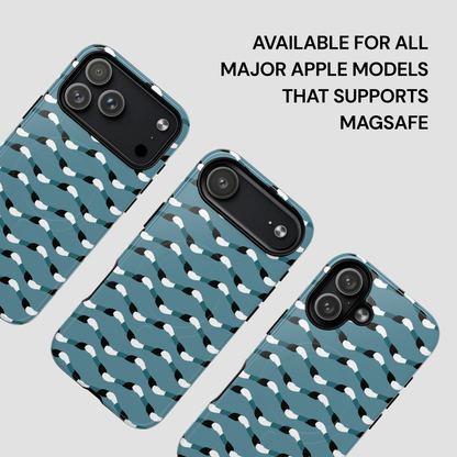 Patterned phone case compatible with MagSafe technology on a light gray background
