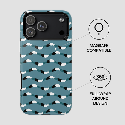 Phone case with a pattern and text indicating compatibility and design features on a light gray background