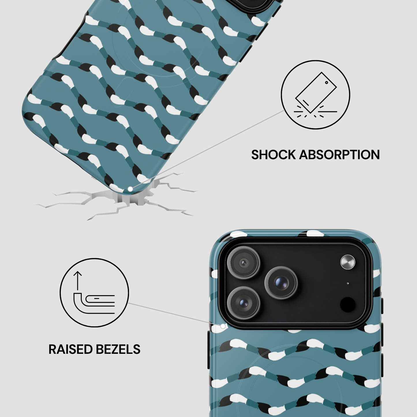 Phone case with wave pattern and features highlighted on a light gray background