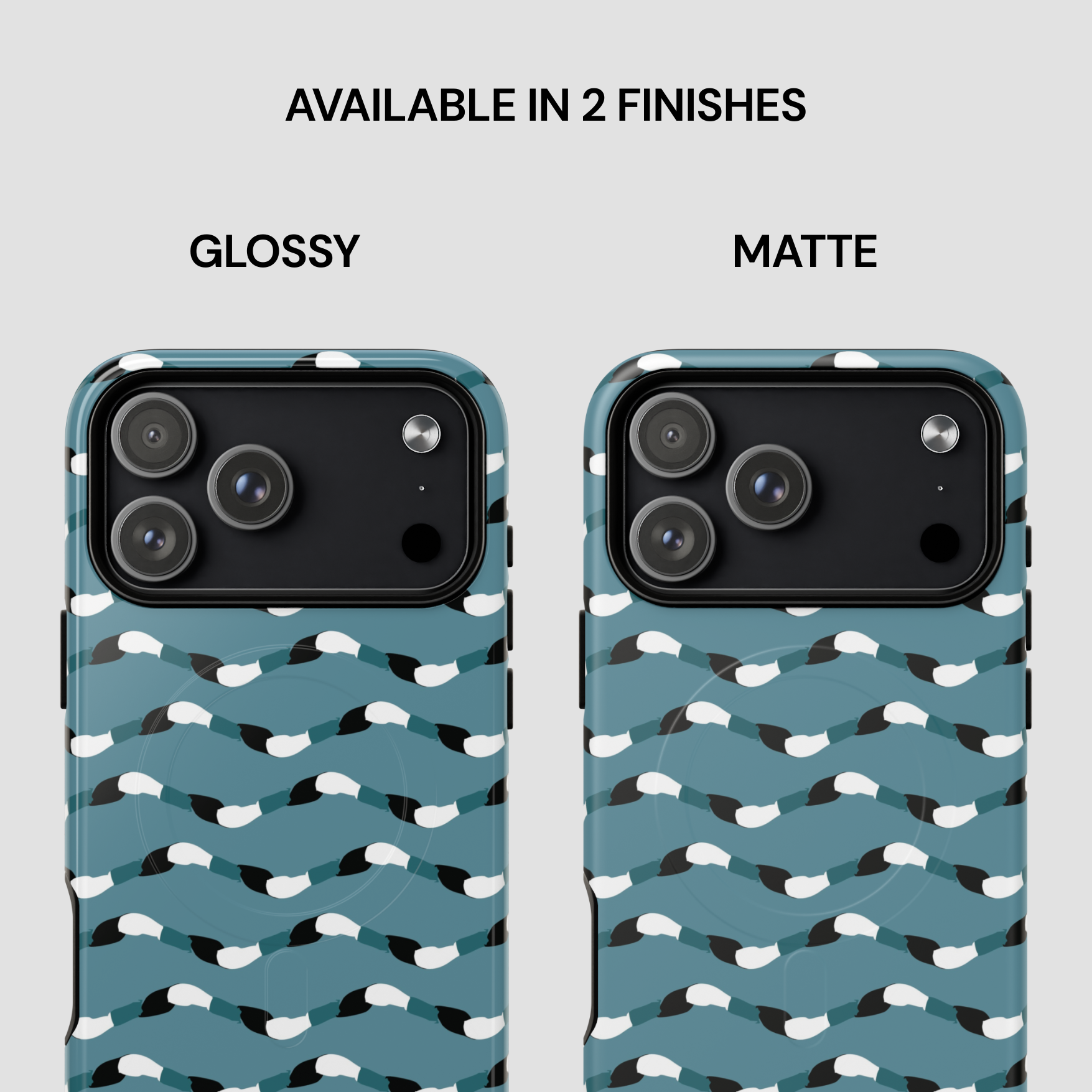 Two phone cases with a wavy pattern, one glossy and one matte, on a light gray background.