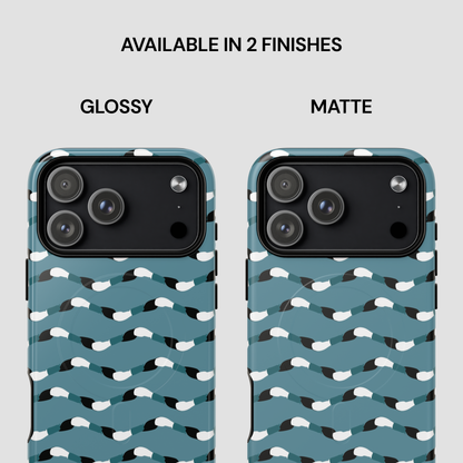 Two phone cases with a wavy pattern, one glossy and one matte, on a light gray background.