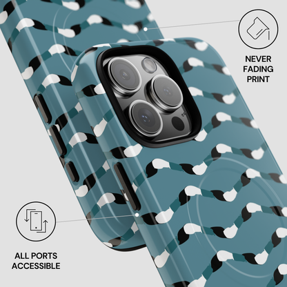 Phone case with wavy pattern and text indicating 'Never Fading Print' and 'All Ports Accessible'.