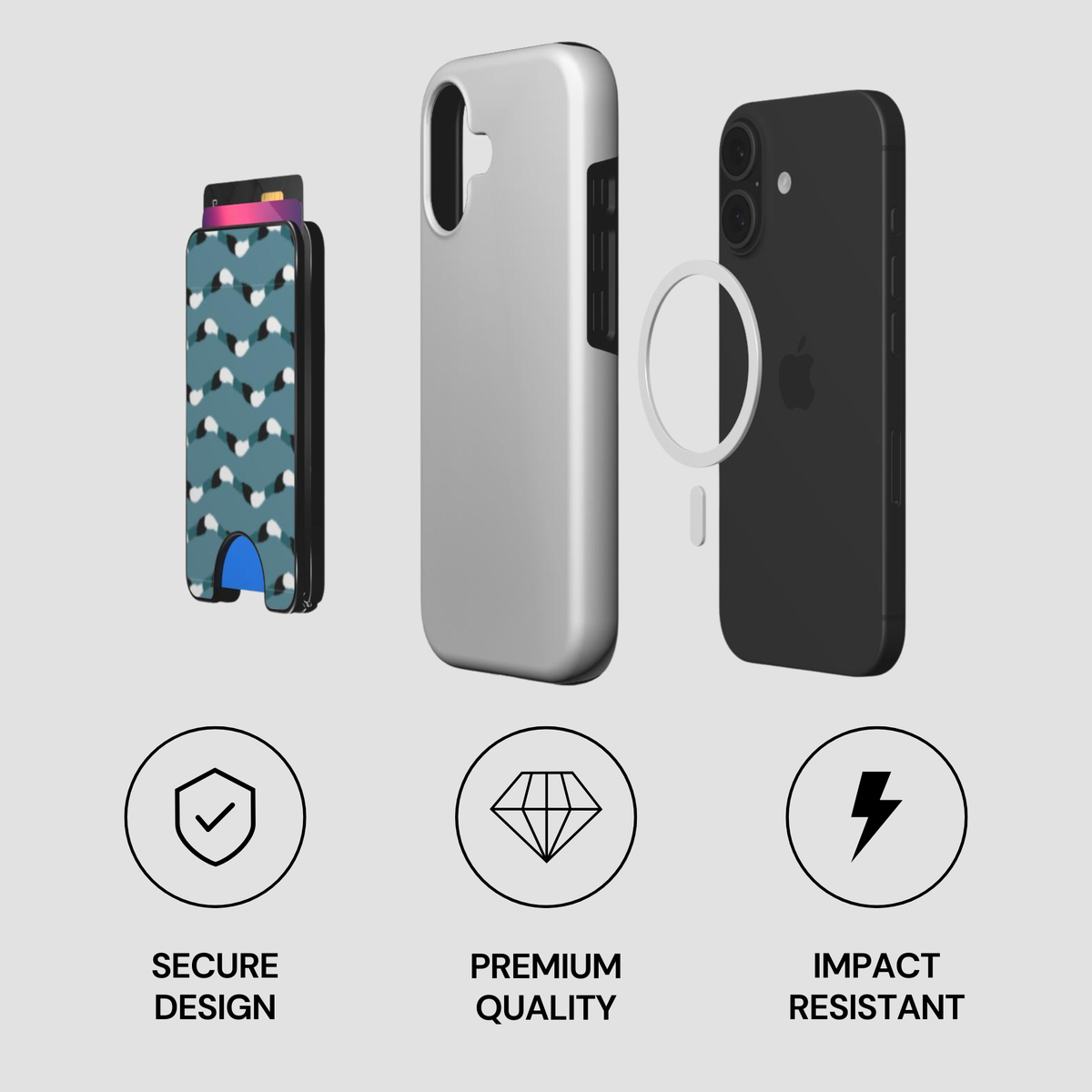 Exploded view of Tide Form Magnetic Wallet with phone, case, and magnetic ring components