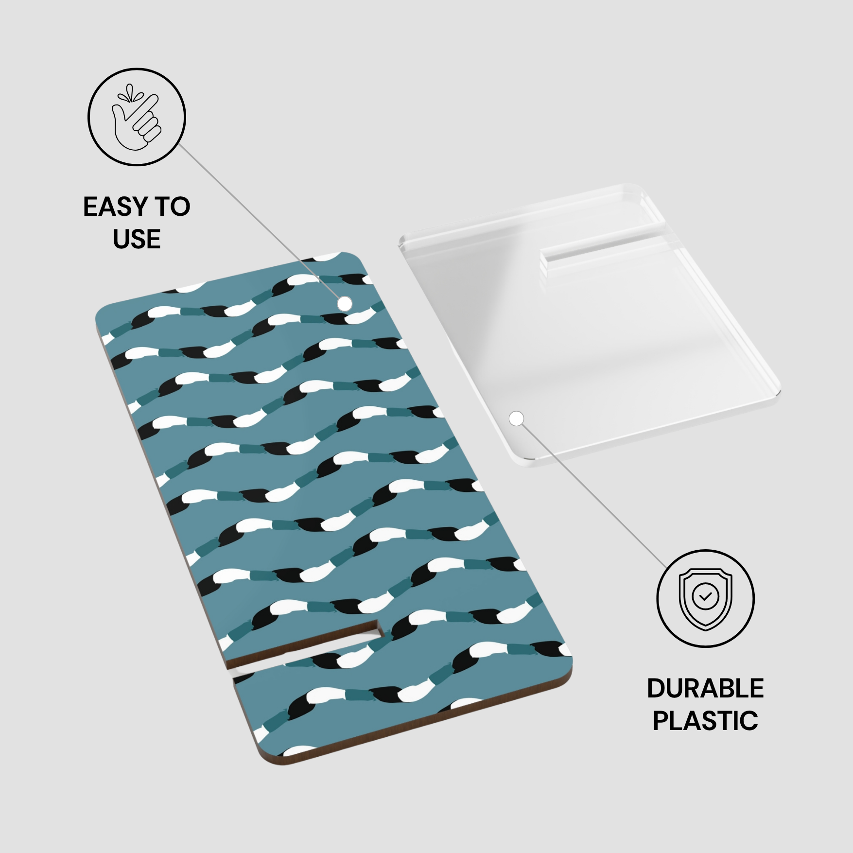 Product with a patterned cover on a white background, featuring text about ease of use and durable plastic.